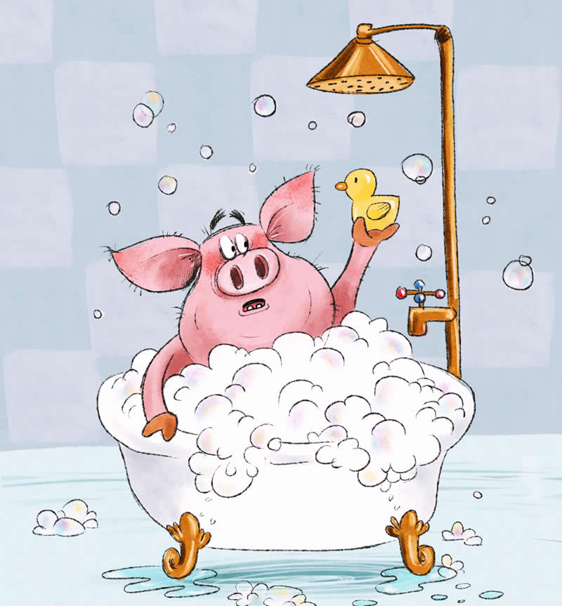 Funny illustration of a pink pig relaxing in a bubble-filled bathtub while holding a small yellow rubber duck under a shower.