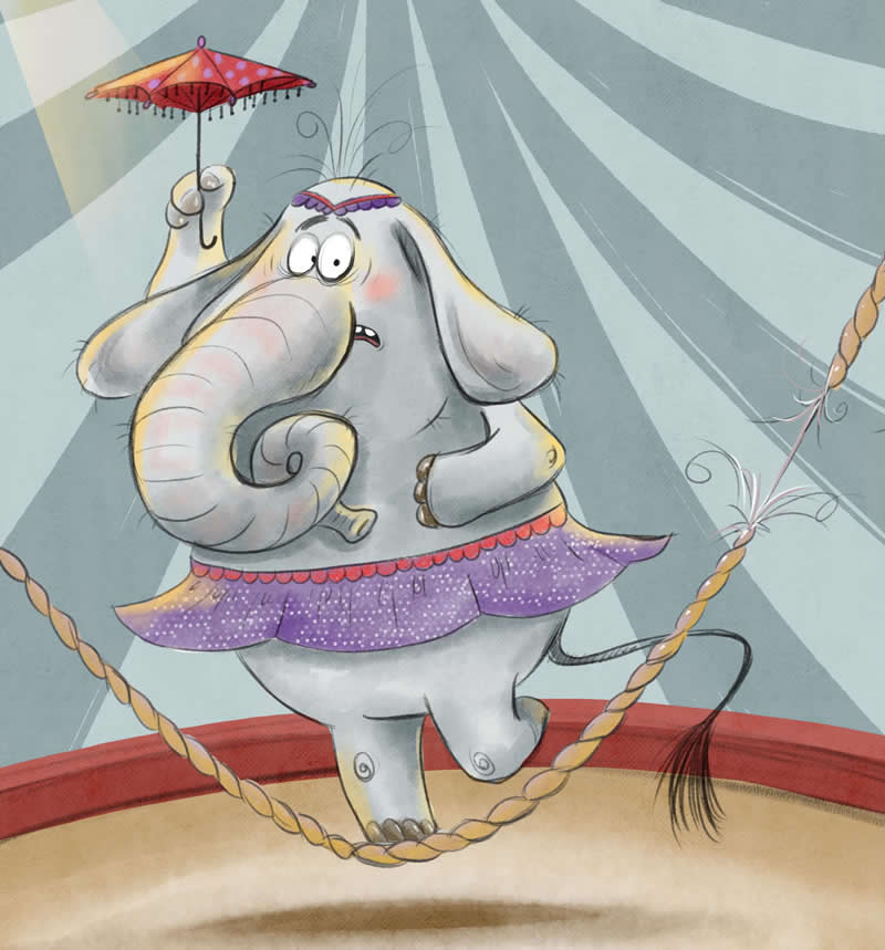 Funny illustration of a nervous gray elephant wearing a purple skirt and holding a tiny umbrella while performing on a circus ring surrounded by ropes.