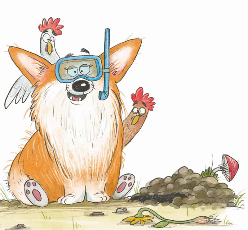 Funny illustration of an orange-and-white dog wearing a blue diving mask and snorkel, surrounded by three curious chickens and a pile of dirt.