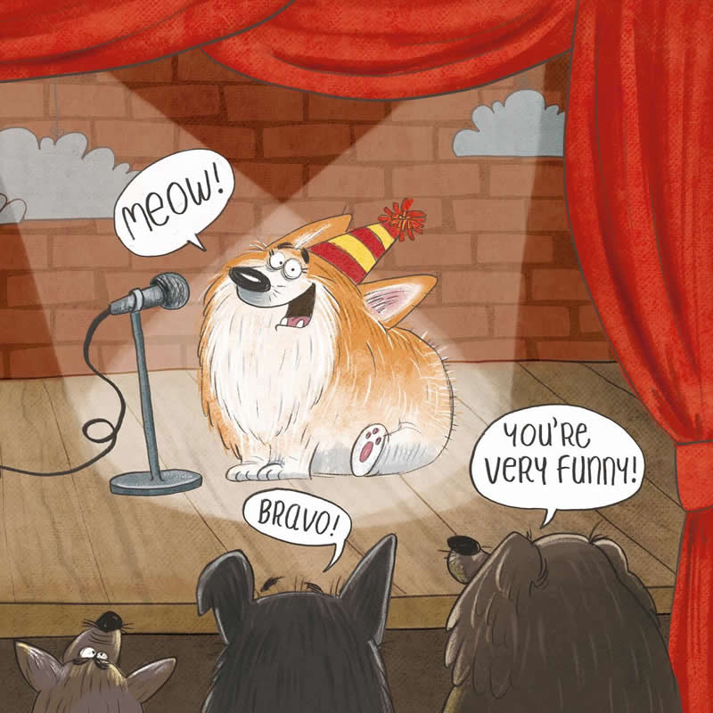 Funny illustration of an orange-and-white cat wearing a striped party hat, meowing into a microphone onstage while an animal audience applauds.