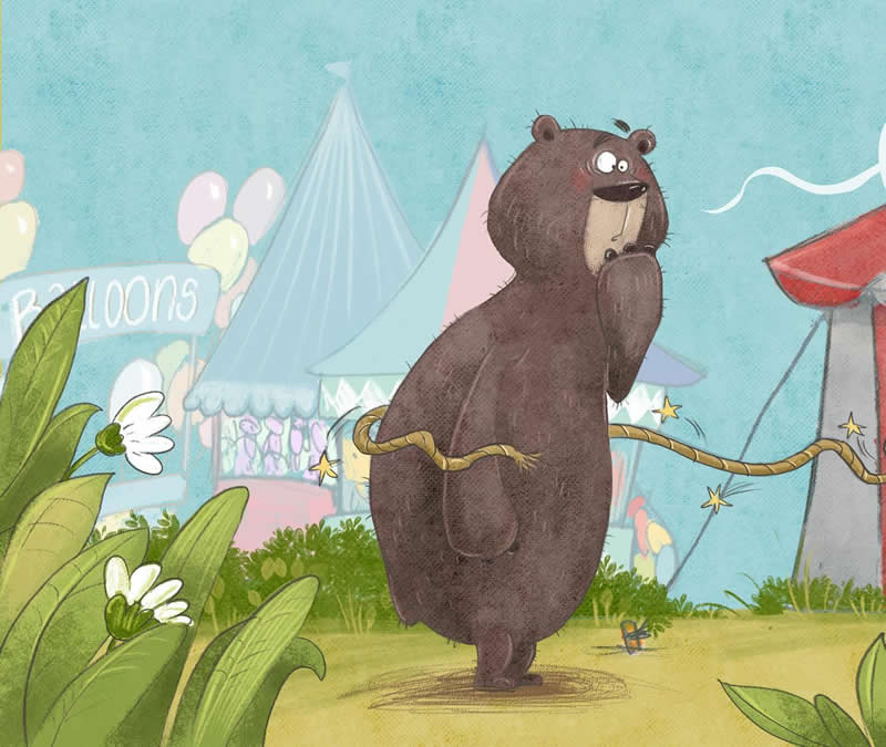 Funny illustration of a brown bear walking through a colorful fairground while tangled in a decorative rope, with balloons, flowers, and carnival tents in the background.