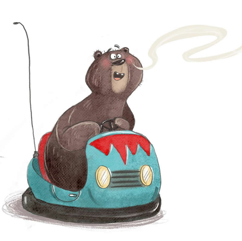 Funny illustration of a smiling brown bear riding a colorful blue and red bumper car at an amusement park.