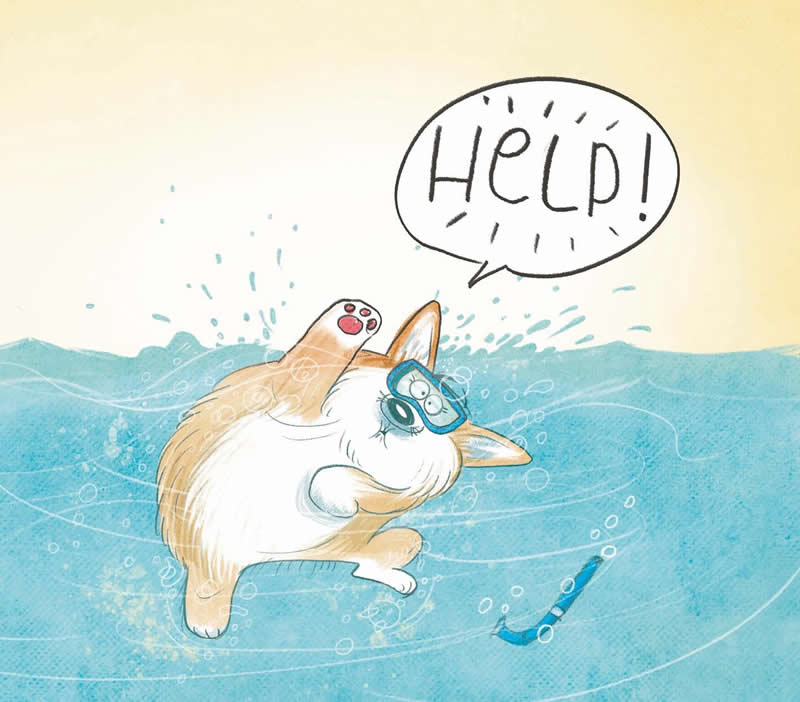 Funny illustration of a white and tan dog struggling underwater after losing its blue snorkel, with one paw raised and a speech bubble saying &ldquo;HELP!&rdquo;