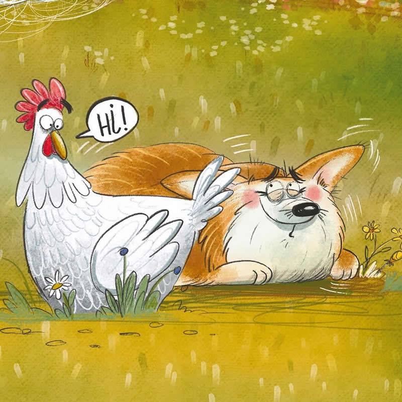 Funny illustration of a white chicken saying &ldquo;Hi!&rdquo; beside a sleepy orange-and-white dog lying in a grassy field surrounded by small flowers.