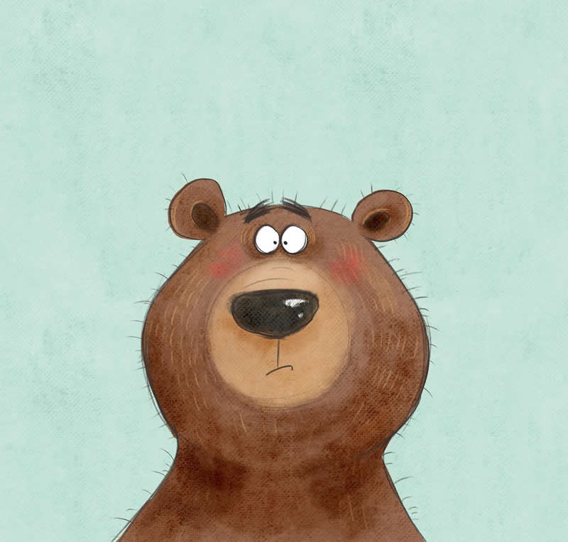 Funny illustration of a brown bear staring wide-eyed with a serious, puzzled expression against a light blue background.