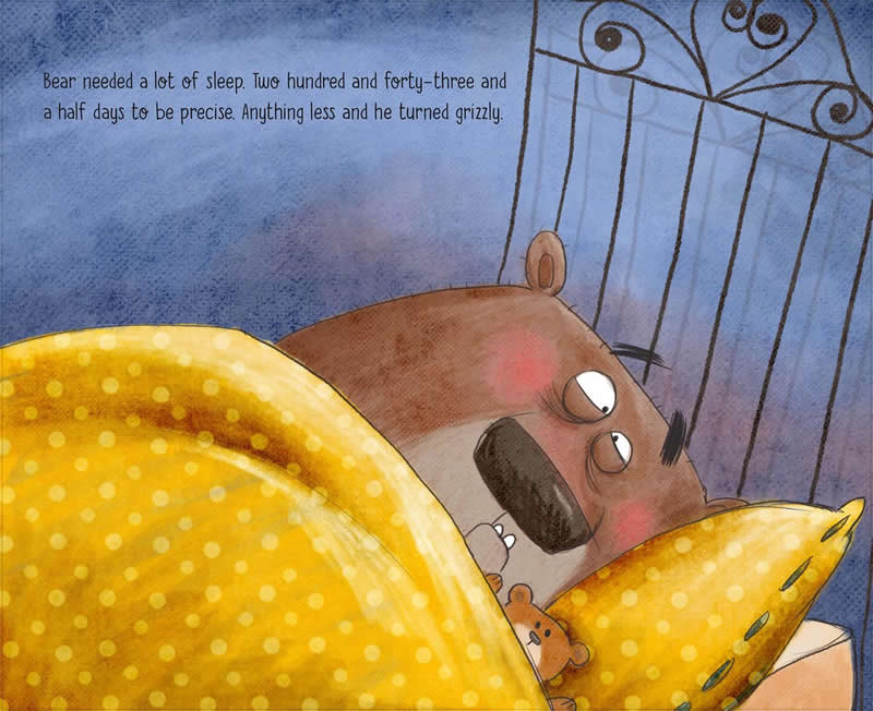 Funny illustration of a sleepy brown bear lying in bed under a yellow blanket, with a small teddy bear beside him and text about his enormous sleep requirement.