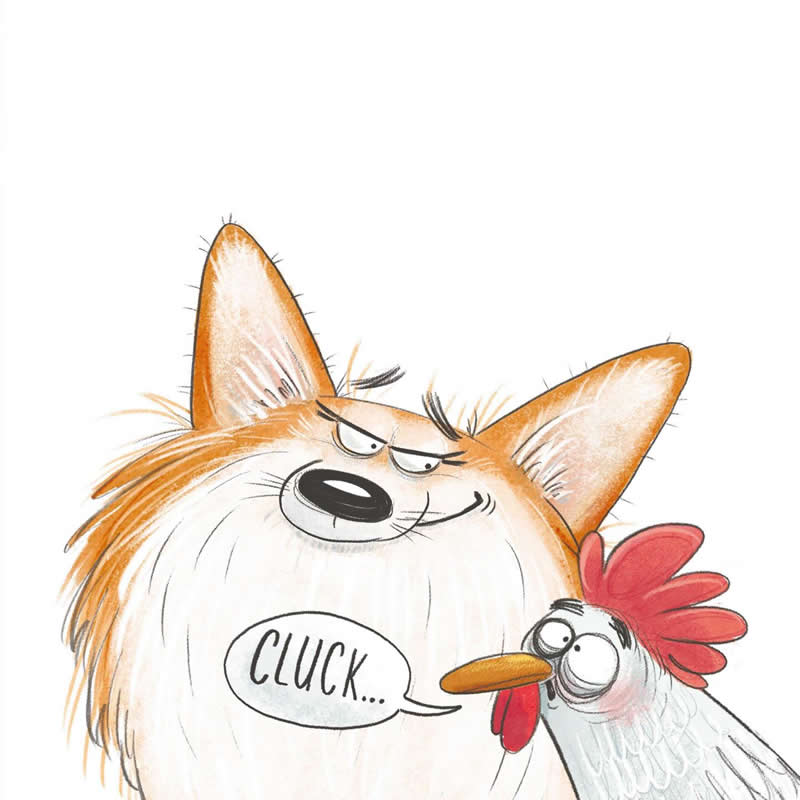 Funny illustration of a smug orange-and-white cat posing beside a curious white chicken, which leans into the frame as if taking a selfie.