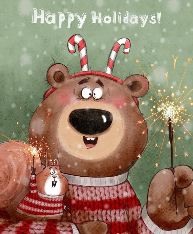 Funny holiday illustration of a smiling brown bear wearing a red knitted sweater and candy-cane headband, holding sparklers beside a small festive animal.