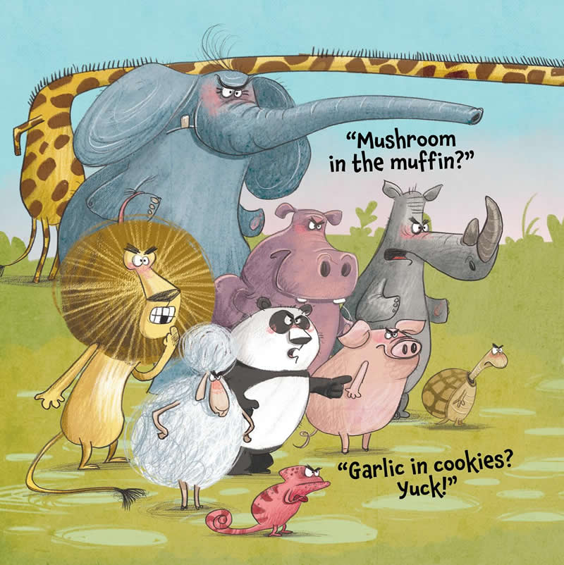 Funny illustration of a group of animals arguing about strange food combinations, including mushrooms in muffins and garlic in cookies, in a colorful outdoor setting.