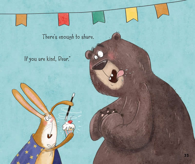 Funny illustration of a rabbit in a blue starry outfit offering a cupcake to a large brown bear, with a message about sharing and kindness.