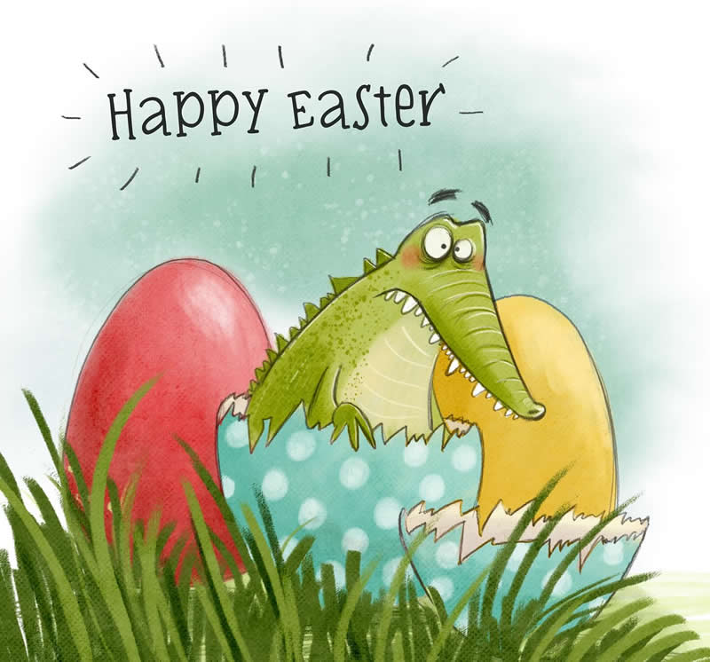 Funny Easter illustration of a green crocodile emerging between large colorful Easter eggs, with &ldquo;Happy Easter&rdquo; written above and grass surrounding the scene.