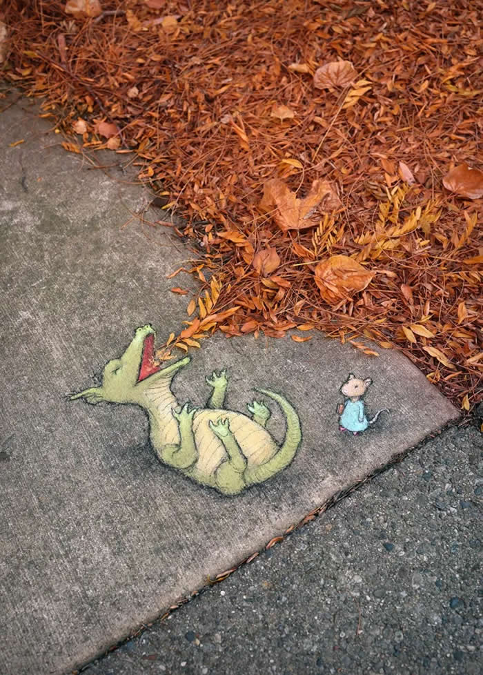 In Which Nadine Amuses a Dragon and Makes Autumn Happen &mdash; By David Zinn in Ann Arbor, Michigan, USA