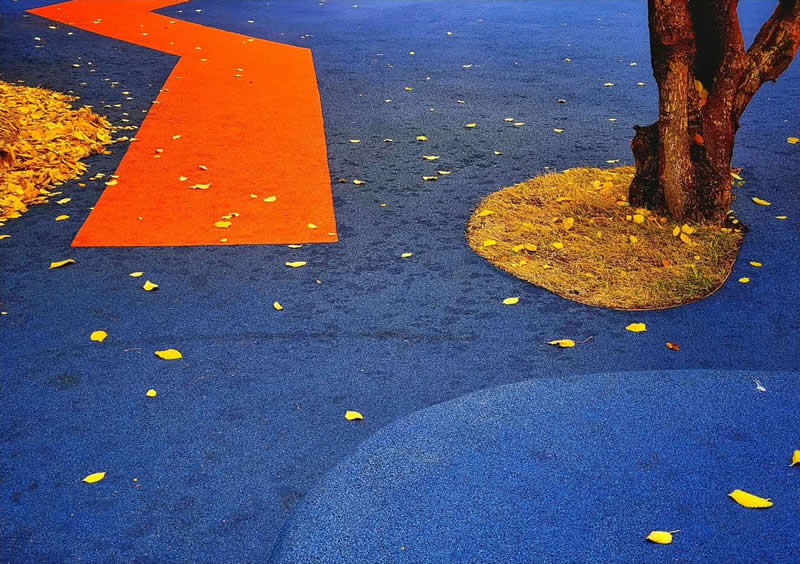 A vivid blue walkway with a bold orange geometric path, scattered yellow leaves, and a tree surrounded by a circular patch of golden ground.
