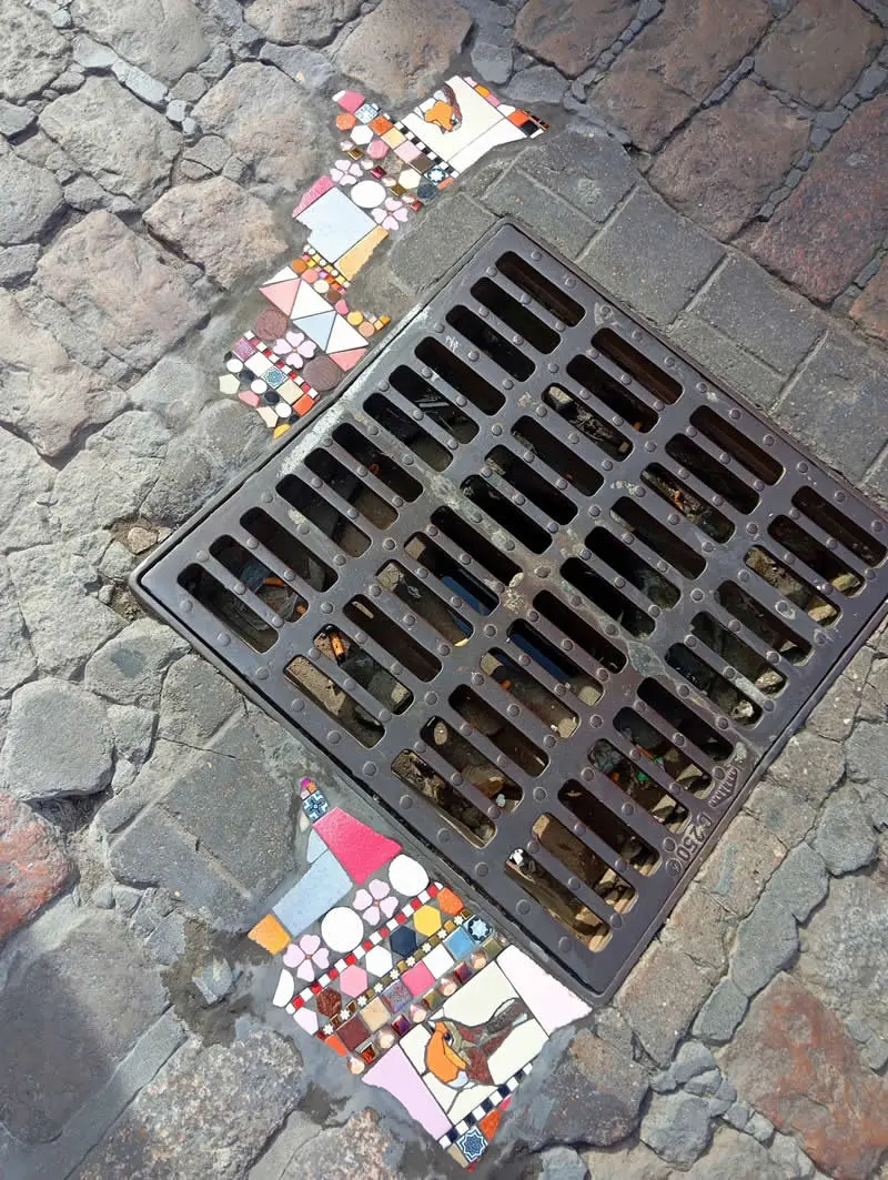 Dijon, rue Fran&ccedil;ois Rude, in the heart of your market, I've placed this delicate floral mosaic. Two little robins have come to nest in it.