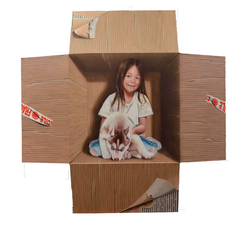 Hyperrealist 3D Cardboard Boxes Paintings by Marica Fasoli