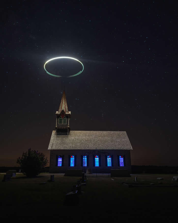 ITAP of a drone over a church