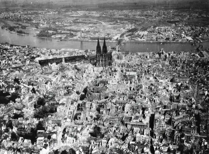 The German city Cologne was utterly destroyed by bombings in WW2. The 700-year old Cathedral famously survived, and that produced this terrifying photo where it looms over the ruins. 1944.