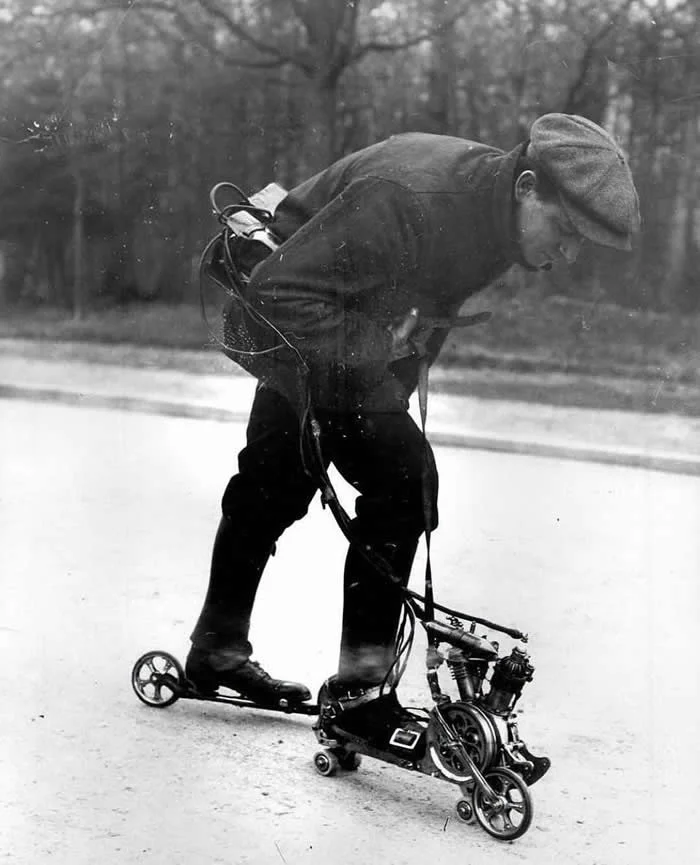 French inventor H. Mercier with his four-stroke v-twin powered roller skates. 1912