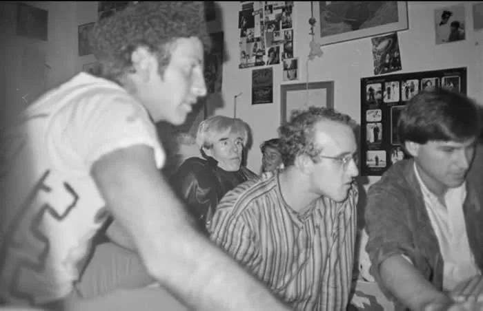 Steve Jobs showing Andy Warhol, Keith Haring and Kenny Scharf how to use a Macintosh computer (1984)