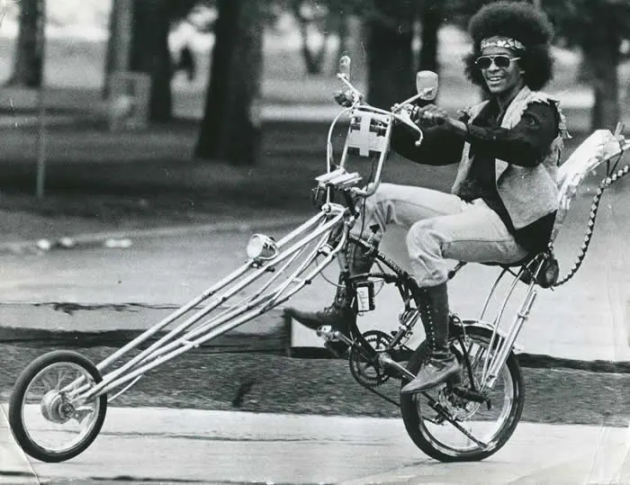 Man on a wild chopper bicycle, Chicago, early 1970s.