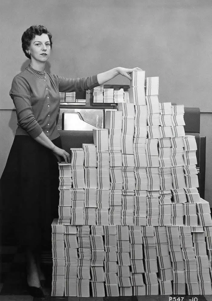 What 5 megabytes of computer data looked like in 1966: 62,500 punched cards, taking four days to load.