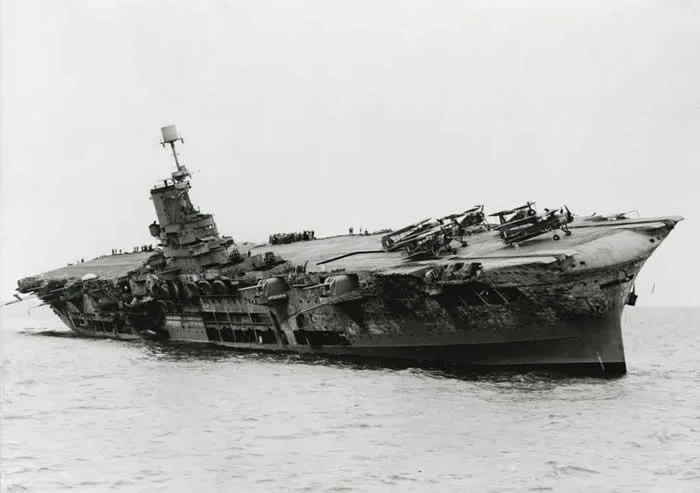 HMS Ark Royal shown with a severe list while sinking after being torpedoed by the German U-boat U 81 off Gibraltar, 14th November, 1941.