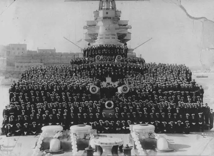 Group shot of the crew of the British battleship Hood. On 24 May 1941, early in the Battle of the Denmark Strait, Hood was struck by several German shells, exploded, and sank with the loss of all but 3 of her crew of 1,418.