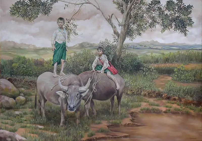 On the way to Pindaya - Oil on Canvas - Extraordinary Paintings by Michel Devanakis