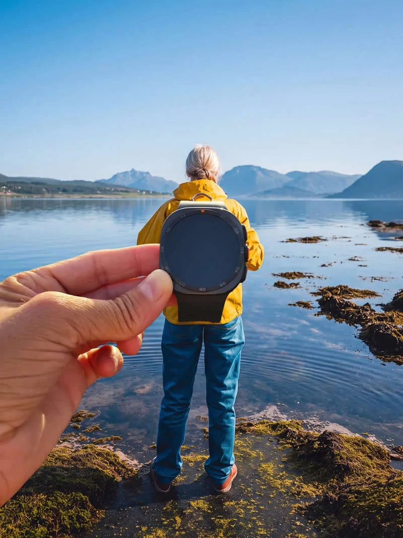A hand holds a black wristwatch in front of a person wearing a yellow jacket beside a calm mountain lake, creating a forced-perspective illusion.