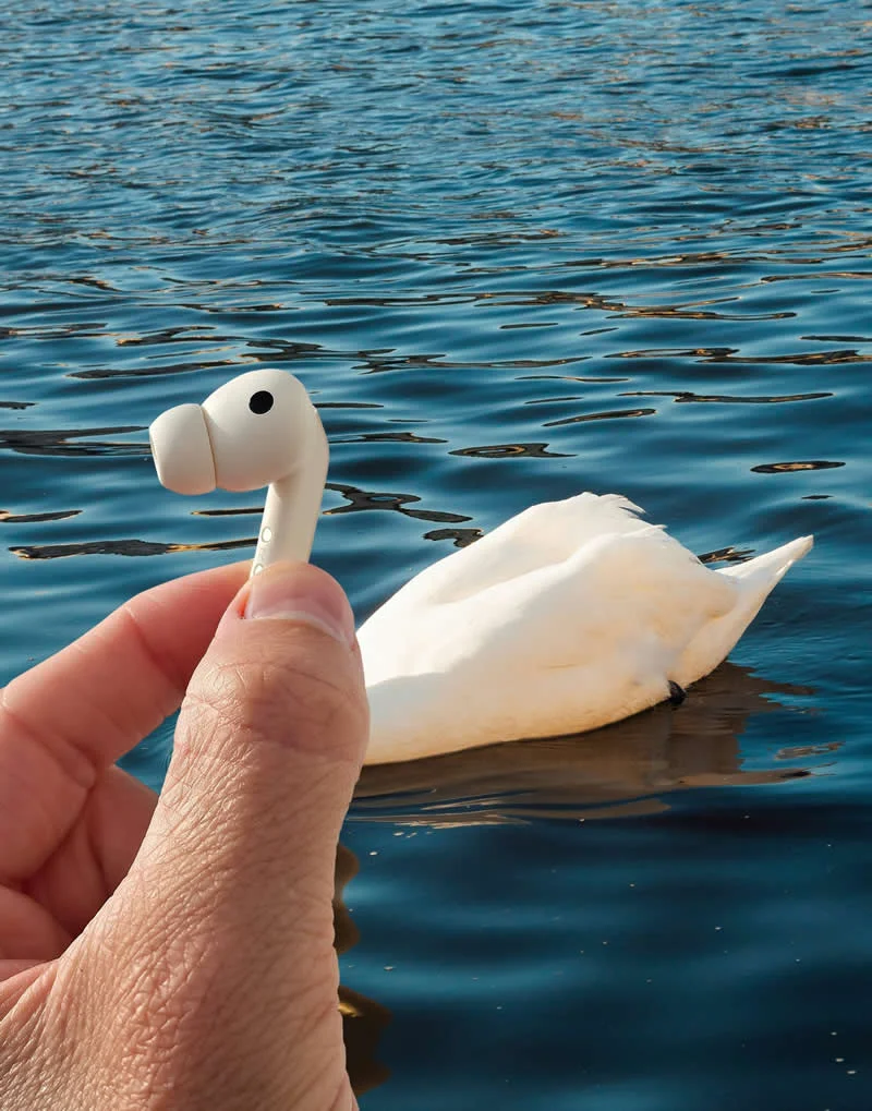 A hand holds a white wireless earbud beside a white swan floating on blue water, creating a forced-perspective illusion that makes the swan appear to wear the earbud.