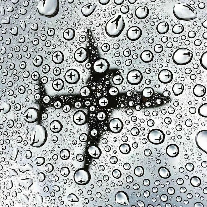 Black-and-white photograph of an airplane seen through a rain-covered glass surface, with hundreds of water droplets creating tiny reflections of the aircraft.