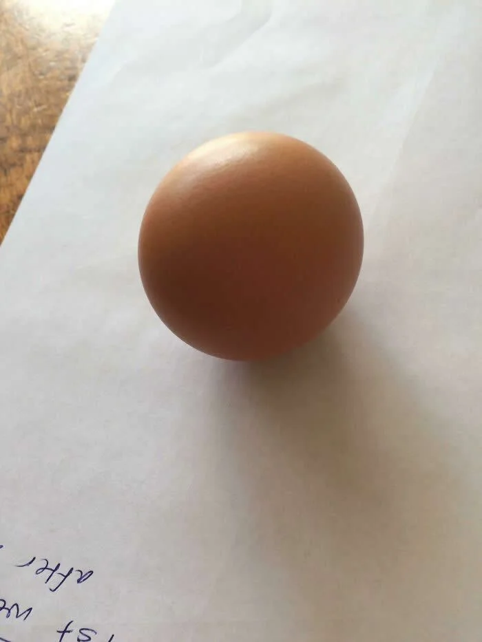 Nearly perfectly spherical brown chicken egg resting on a white sheet of paper, showing its unusually round shape under natural light.