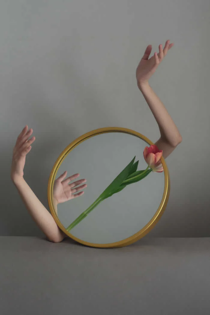Surreal fine art photograph by Ziqian Liu showing a red-and-yellow tulip inside a round gold-framed mirror, with several arms and hands extending around it against a plain gray background.