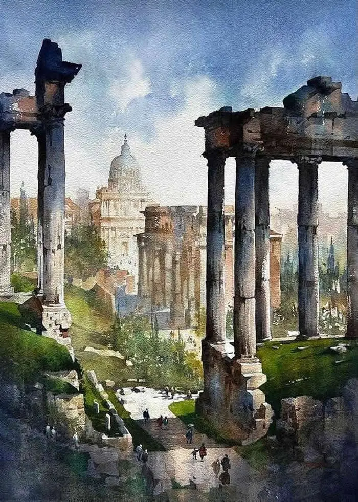 Thomas Wells Schaller&rsquo;s watercolor painting of the Roman Forum, featuring ancient stone columns, historic ruins, green pathways, and a distant domed building beneath a soft blue sky.
