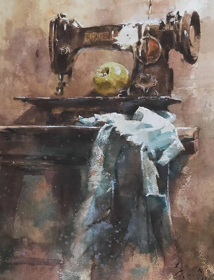 Watercolor painting by Kan Srijira titled &ldquo;Light and Shade,&rdquo; depicting a vintage sewing machine on a wooden table with draped blue-gray fabric, rendered in warm brown tones and expressive light and shadow.