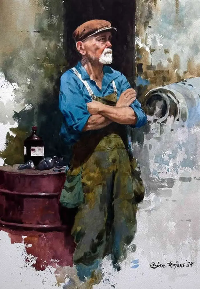 Watercolor painting by Indian artist Binu Rojers titled A Glimpse Within, depicting an elderly craftsman wearing a brown cap, blue shirt, and green apron, seated beside a workshop machine and a red workbench.