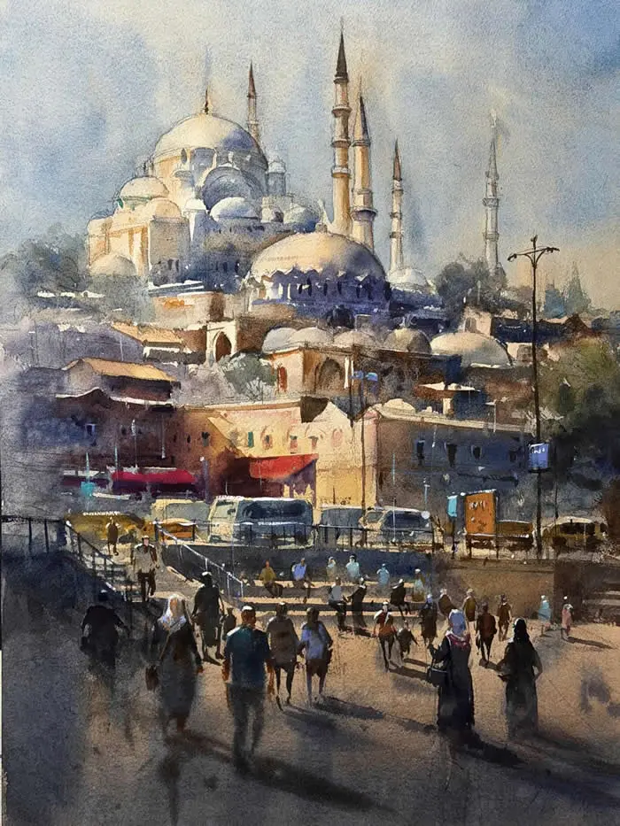 Watercolor painting by Indian artist Nishikant Palande titled İstanbul-Turkey, depicting a grand mosque with multiple domes and minarets overlooking busy streets filled with pedestrians, vehicles, and traditional buildings beneath a soft blue sky.