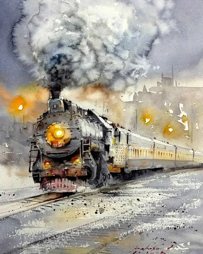 Watercolor painting by Indian artist Prakashan Puthur titled Train, depicting a vintage steam locomotive with glowing yellow headlights, thick clouds of gray smoke, and passenger coaches traveling along railway tracks against a hazy urban skyline.