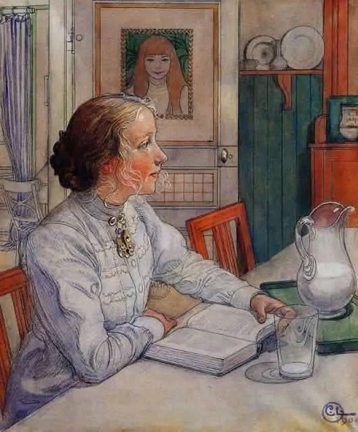 Carl Larsson&rsquo;s 1904 watercolor painting My Eldest Daughter Suzanne with Milk and Book, depicting Suzanne seated at a table reading an open book beside a glass of milk, with a pitcher, dishes, and a framed portrait in the background.