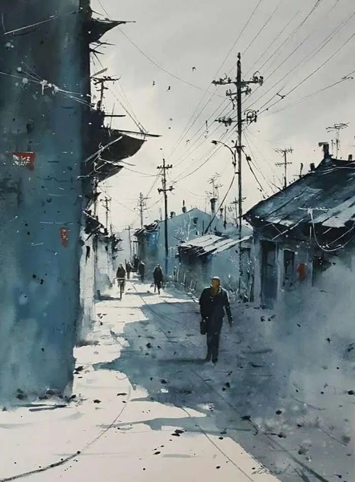 Watercolor painting by Iranian artist Javid Tabatabaei titled Street, depicting pedestrians walking along a narrow urban street lined with weathered buildings, utility poles, overhead wires, and dramatic blue-gray shadows beneath a pale sky.