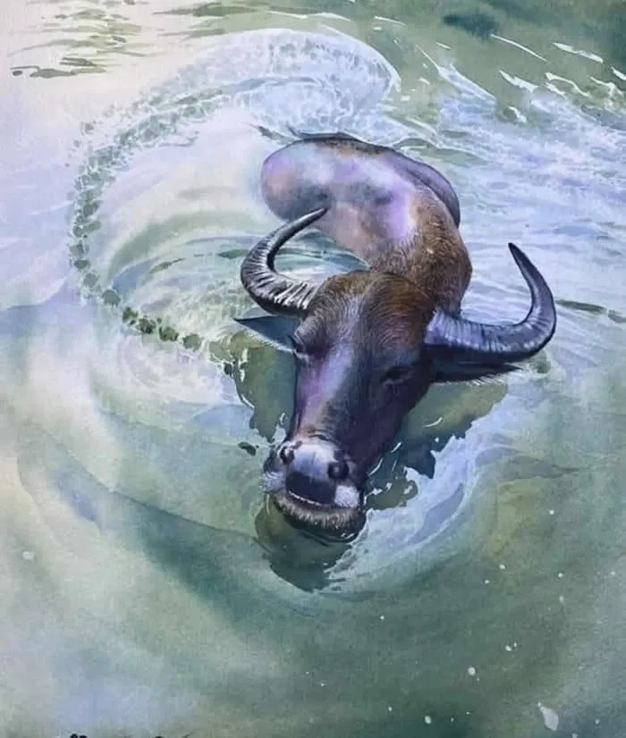 Watercolor painting by Thai artist Kitipong Maksin titled Bath, depicting a dark water buffalo with curved horns bathing in a pond, surrounded by swirling ripples and soft green-gray reflections.