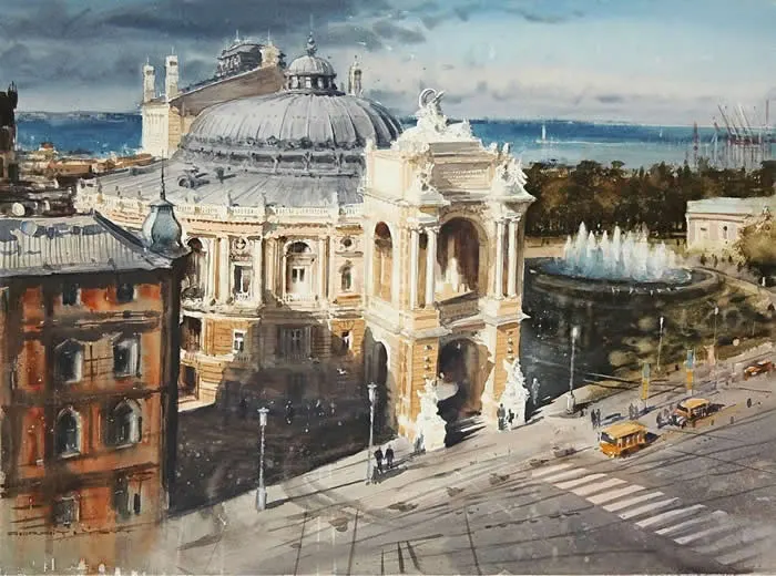 Watercolor painting by Ukrainian artist Sergiy Lysyy titled The Shining Face of Arch, depicting an ornate domed building and decorative arch beside a fountain, with historic architecture, passing trams, pedestrians, and a dramatic blue-gray sky.