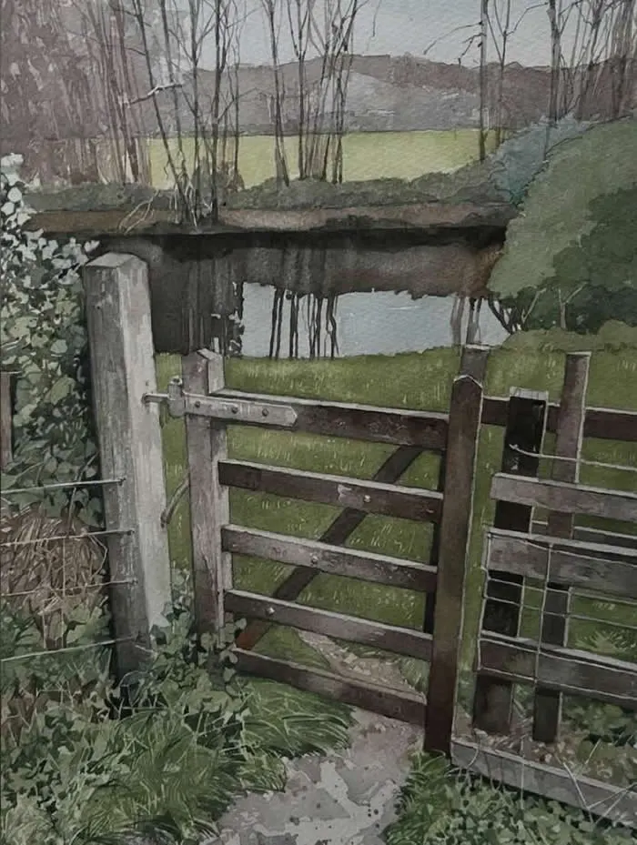 Watercolor painting by British artist Jonathan French titled The Gate to the Water, Wotton, Surrey, depicting a rustic wooden gate, leafy plants, a small stream, bare trees, and rolling countryside in muted green and gray tones.