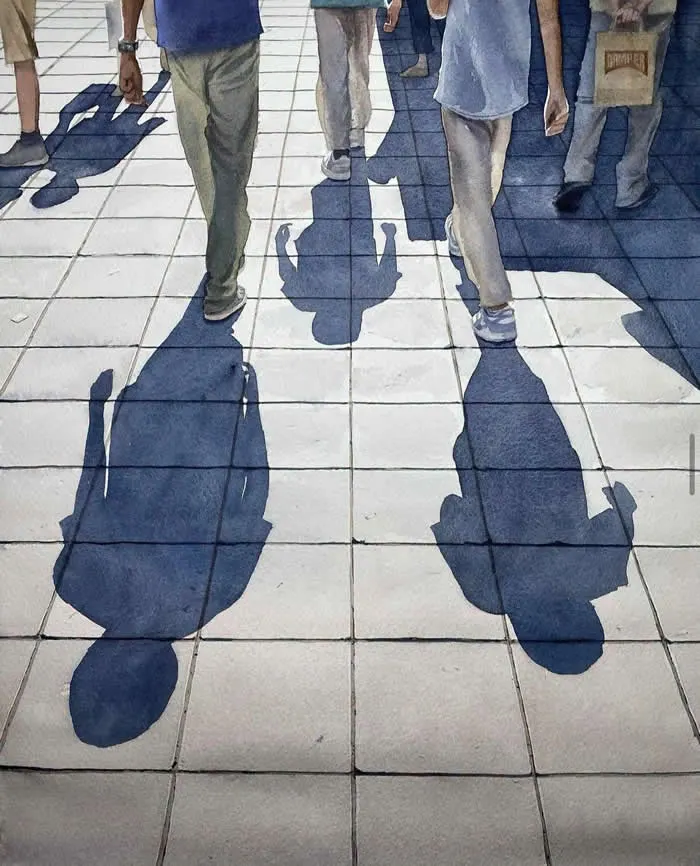 Watercolor painting by Swedish artist Jesper H&ouml;rberg titled Innsbruck, Austria, depicting pedestrians walking across a tiled pavement, with their long, sharply defined shadows creating striking patterns in sunlight.