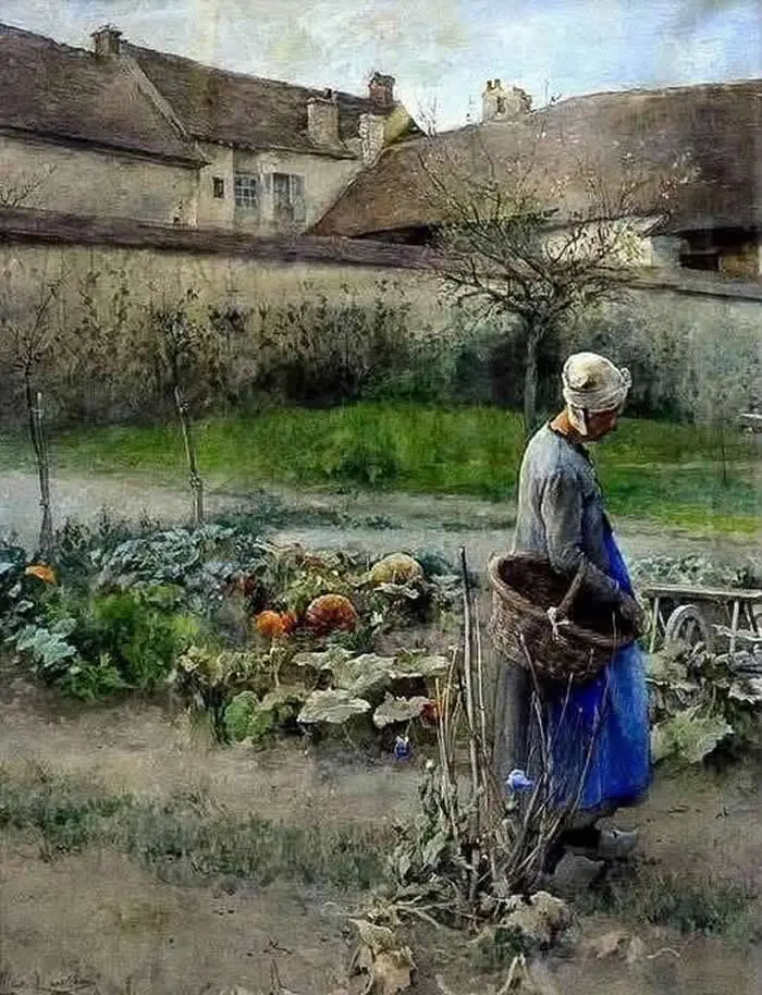 Carl Larsson&rsquo;s watercolor painting The Pumpkins, depicting a woman in a white headscarf and blue skirt carrying a basket in a vegetable garden filled with pumpkins and leafy plants, with rustic cottages and bare trees in the background.