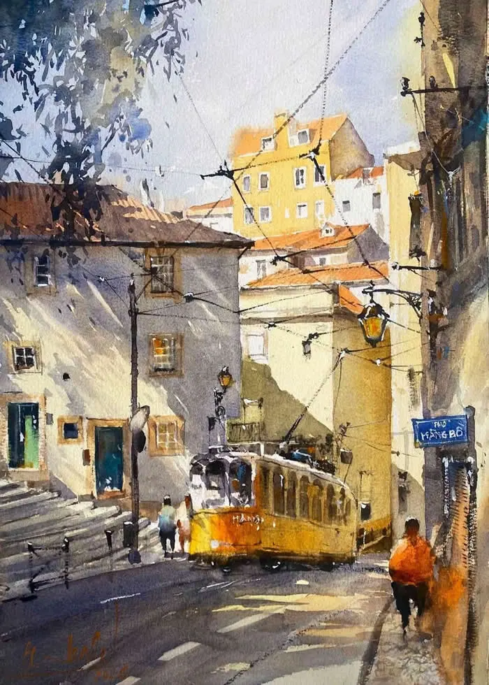 Watercolor painting by Vietnamese artist Binh Chu titled Yellows, depicting a golden tram moving through a European street lined with yellow and cream-colored buildings, pedestrians, overhead wires, and traditional street lamps under a bright sky.