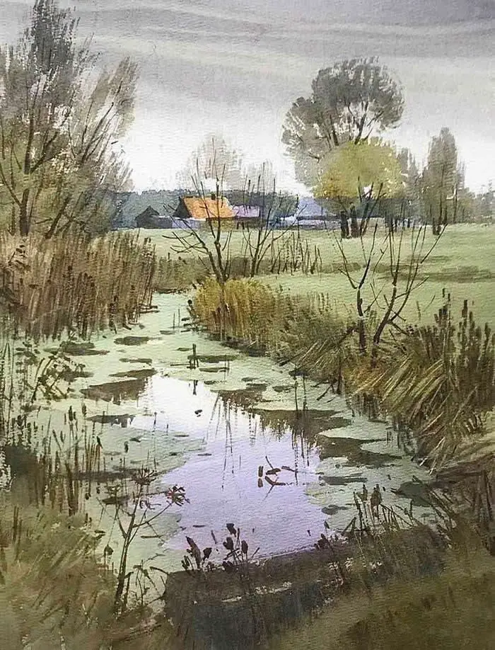 Watercolor painting by Russian artist Ilya Gorgots titled Summer Pond, depicting a tranquil pond bordered by tall reeds and grasses, with bare branches, leafy trees, distant countryside houses, and soft reflections beneath an overcast sky.