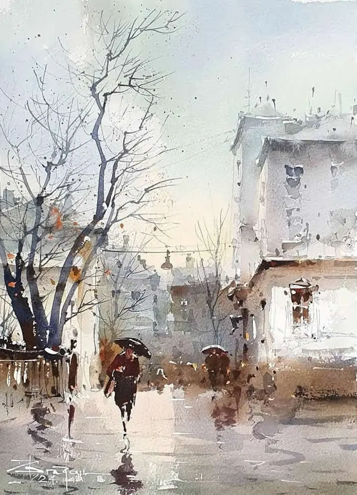 Watercolor painting by Romanian artist Corneliu Dragan-Targoviste titled Autumn Day in Bucharest, depicting pedestrians carrying umbrellas along a rain-soaked street, with bare trees, old buildings, and shimmering reflections beneath a pale, misty sky.