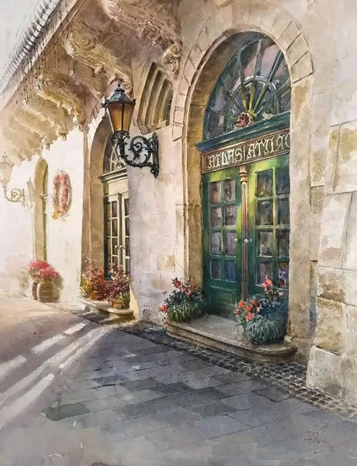 Watercolor painting by Ukrainian artist Anton Yatsyk titled Atlas Restaurant, Lviv, depicting an ornate historic stone fa&ccedil;ade with arched windows, green double doors, a decorative wall lantern, flower-filled planters, and sunlight falling across the cobblestone pavement.