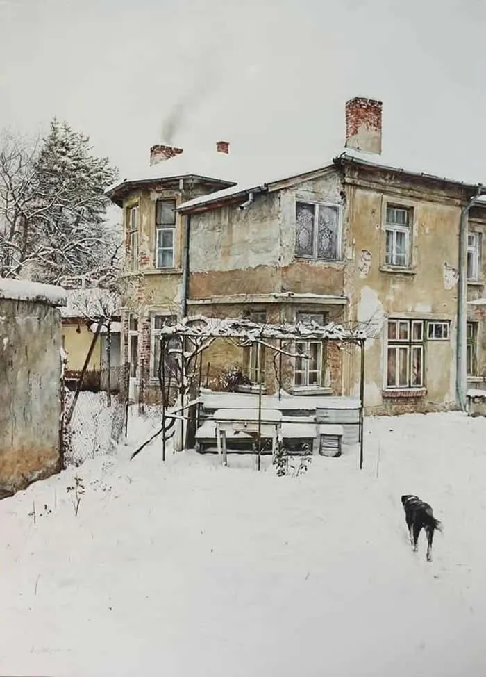 Watercolor painting by Bulgarian artist Atanas Matsoureff titled Going Home, depicting an old weathered house surrounded by snow, a snow-covered garden pergola, bare trees, and a lone black dog walking across the snowy courtyard.